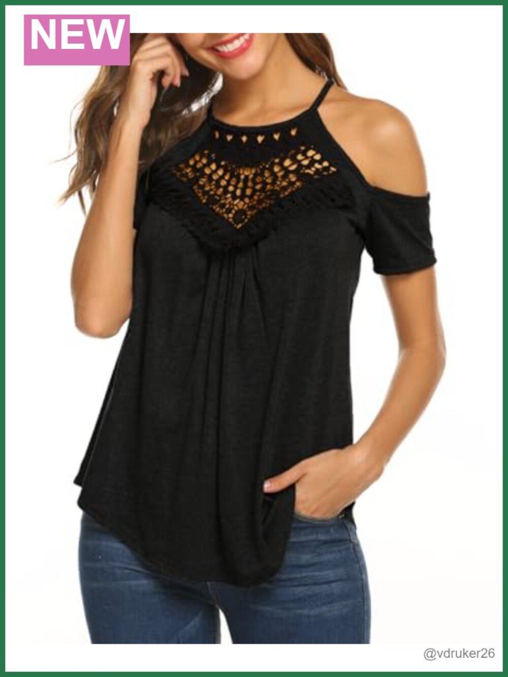 Women's Cold Shoulder Short Sleeve T Shirt Lace Pleated Flowy Casual Top
